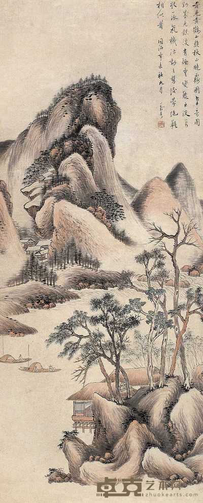吕浩 辛未（1871年）作 秋山晓雾图 轴 113×48cm